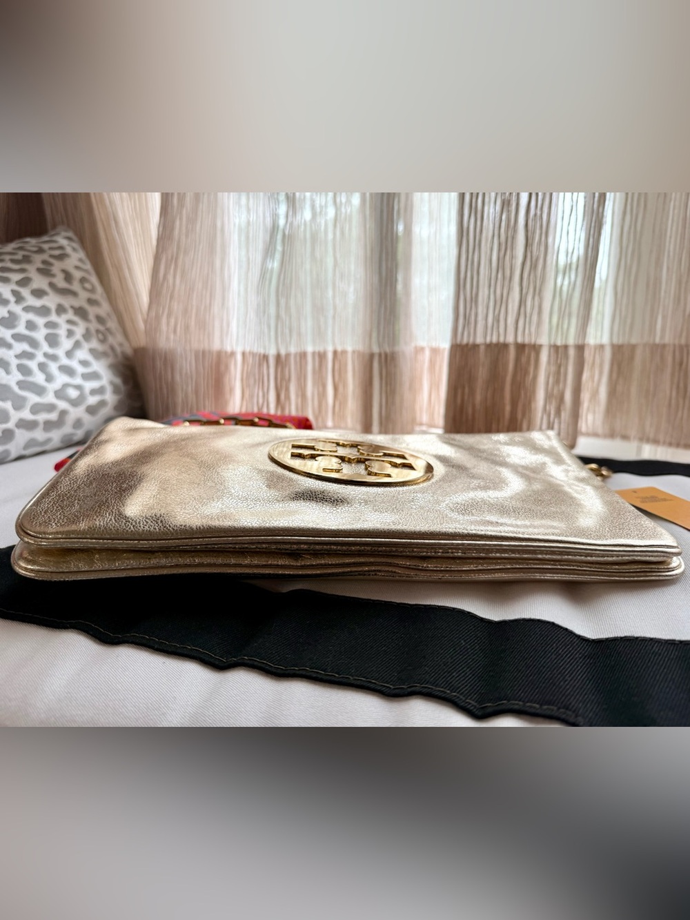 Tory Burch Reva Metallic Gold Leather Shoulder Bag / Clutch w Chain Strap - Picture 12 of 12